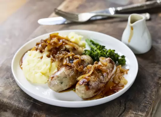 North Cork Creameries: sausages-with-caramelised-onions-and-whole-grain-mustard-mash